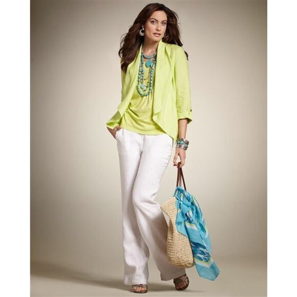 CHICO'S Women's S Lime Green 100% Linen Flyaway Francesca Roll Tab Open Jacket - Picture 2 of 8